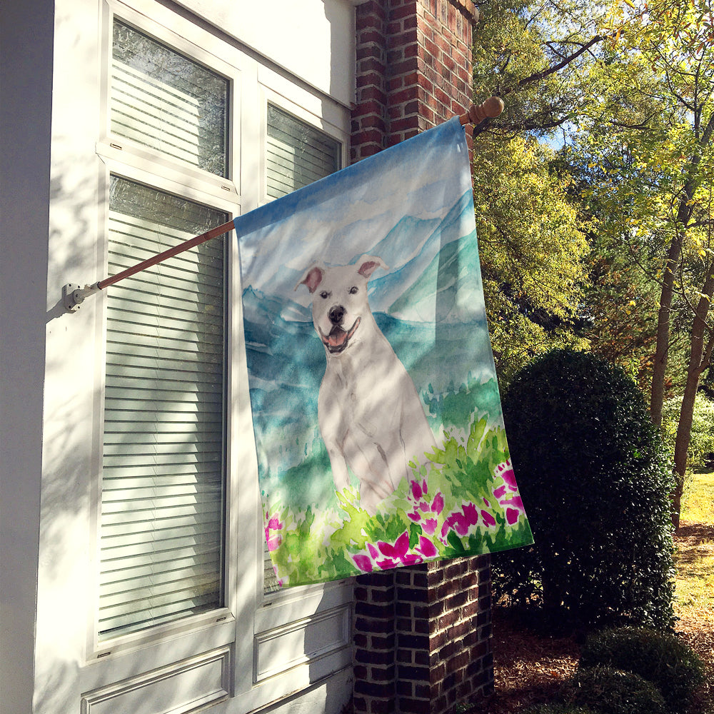Mountian Flowers White Staffie Bull Terrier House Flag 28x40 Porch Sleeve Pole Decorative Outside Yard Banner Artwork Wall Hanging, Polyester