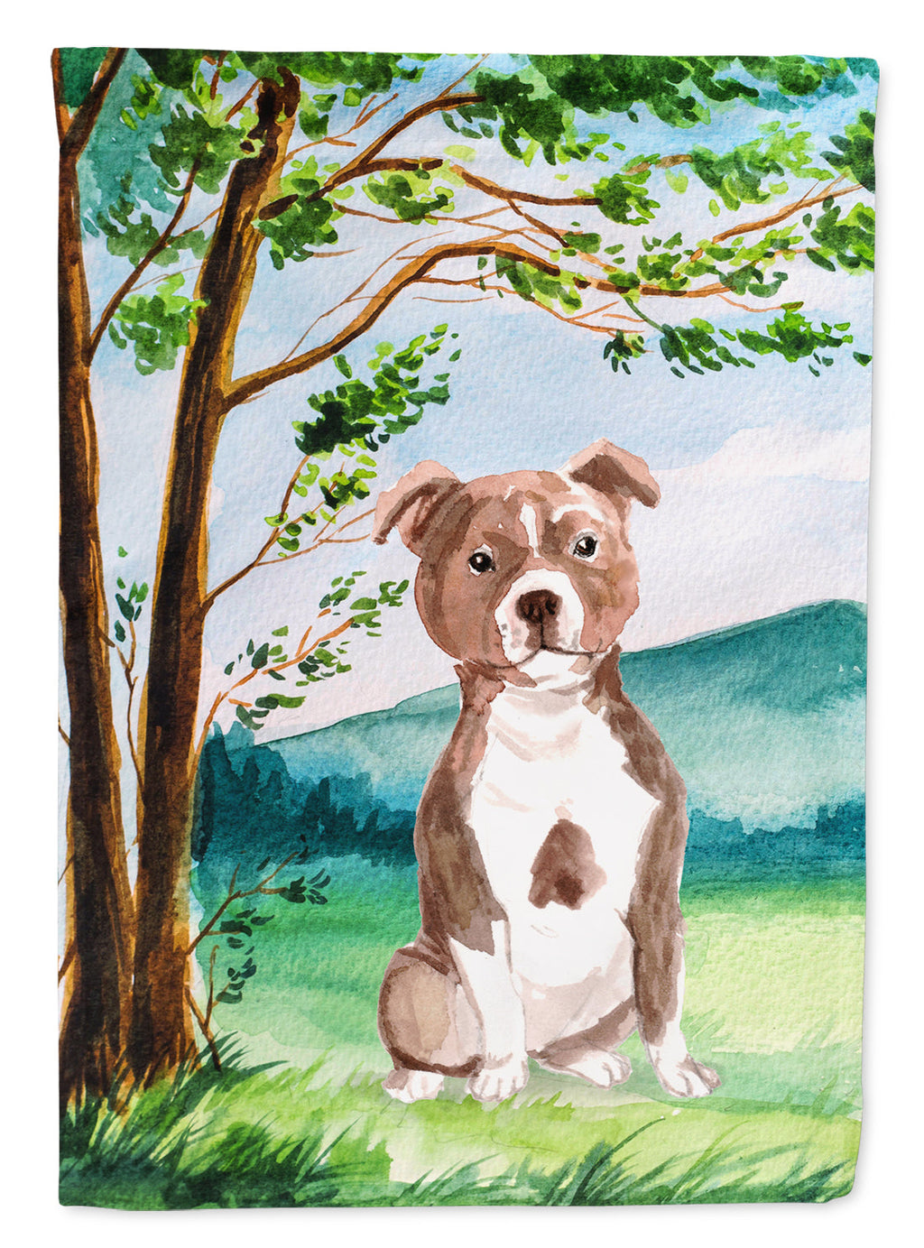 Under the Tree Red Staffie House Flag 28x40 Porch Sleeve Pole Decorative Outside Yard Banner Artwork Wall Hanging, Polyester