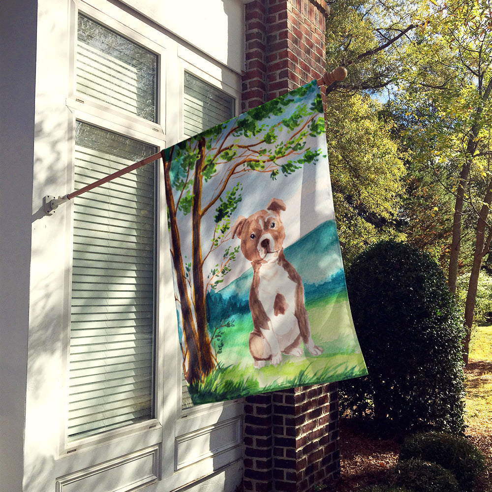 Under the Tree Red Staffie House Flag 28x40 Porch Sleeve Pole Decorative Outside Yard Banner Artwork Wall Hanging, Polyester