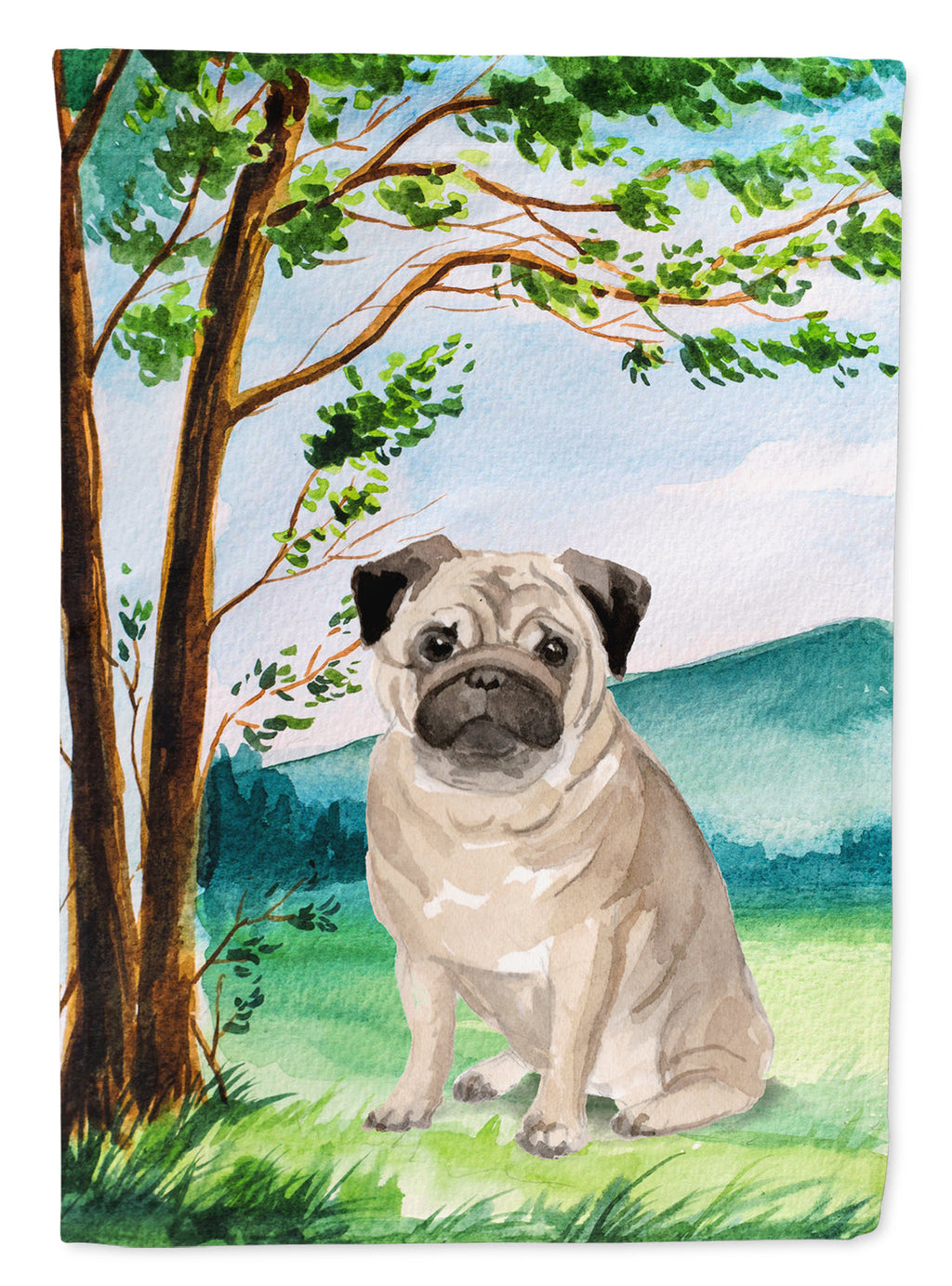 Under the Tree Fawn Pug House Flag 28x40 Porch Sleeve Pole Decorative Outside Yard Banner Artwork Wall Hanging, Polyester