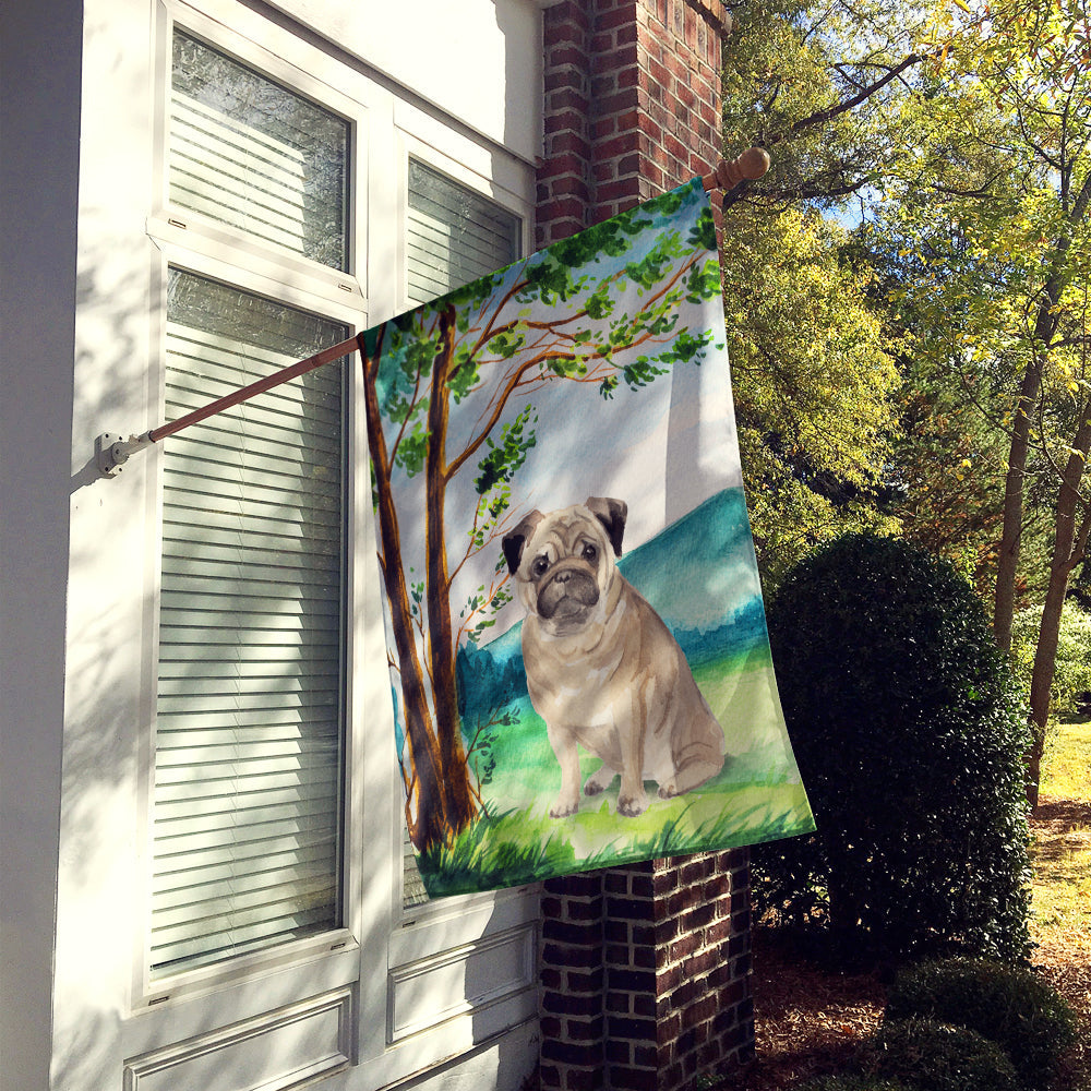 Under the Tree Fawn Pug House Flag 28x40 Porch Sleeve Pole Decorative Outside Yard Banner Artwork Wall Hanging, Polyester