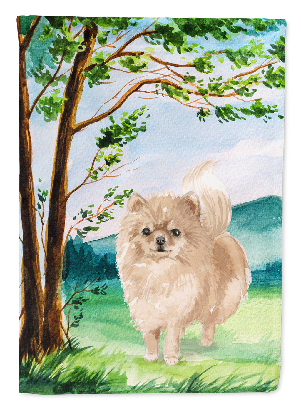 Under the Tree Pomeranian House Flag 28x40 Porch Sleeve Pole Decorative Outside Yard Banner Artwork Wall Hanging, Polyester