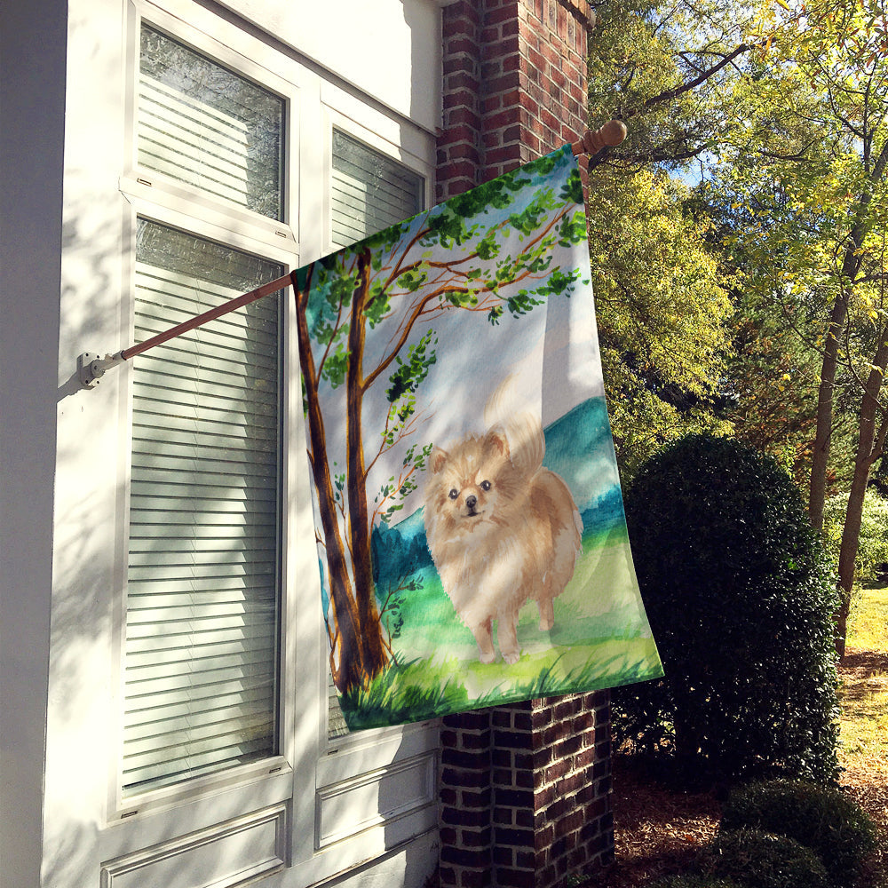 Under the Tree Pomeranian House Flag 28x40 Porch Sleeve Pole Decorative Outside Yard Banner Artwork Wall Hanging, Polyester