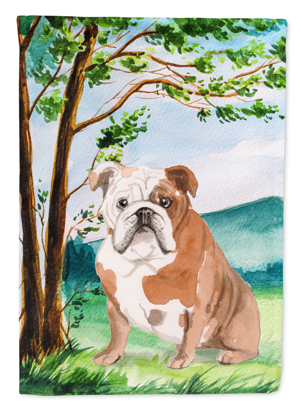 Under the Tree English Bulldog House Flag 28x40 Porch Sleeve Pole Decorative Outside Yard Banner Artwork Wall Hanging, Polyester