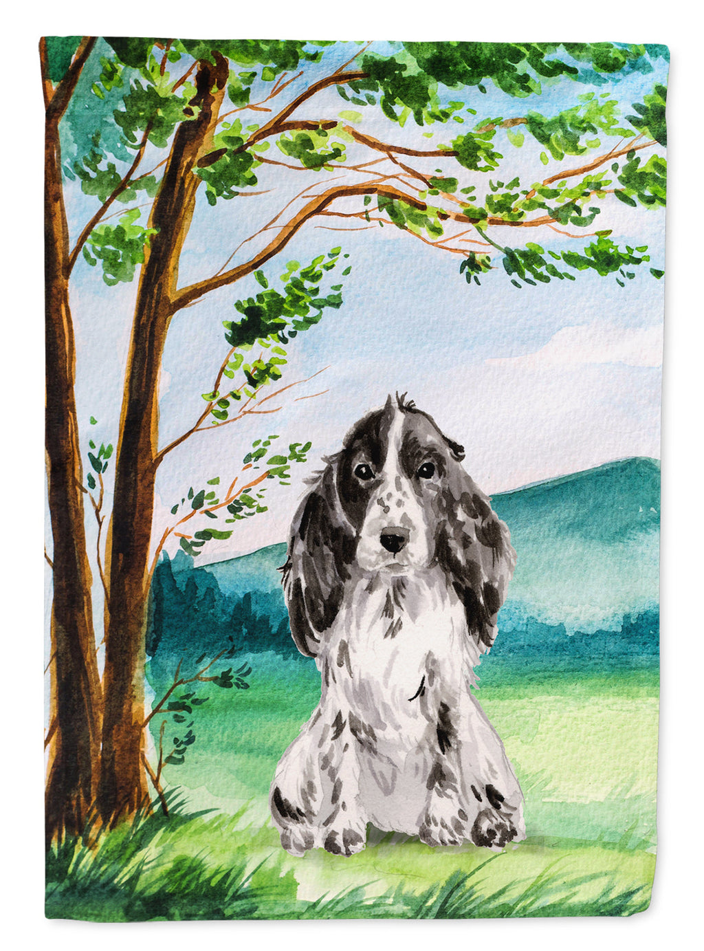 Under the Tree Black Parti Cocker Spaniel House Flag 28x40 Porch Sleeve Pole Decorative Outside Yard Banner Artwork Wall Hanging, Polyester