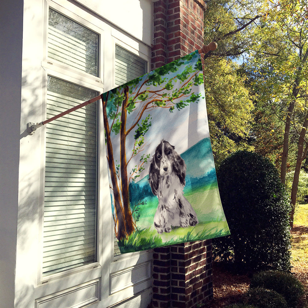 Under the Tree Black Parti Cocker Spaniel House Flag 28x40 Porch Sleeve Pole Decorative Outside Yard Banner Artwork Wall Hanging, Polyester
