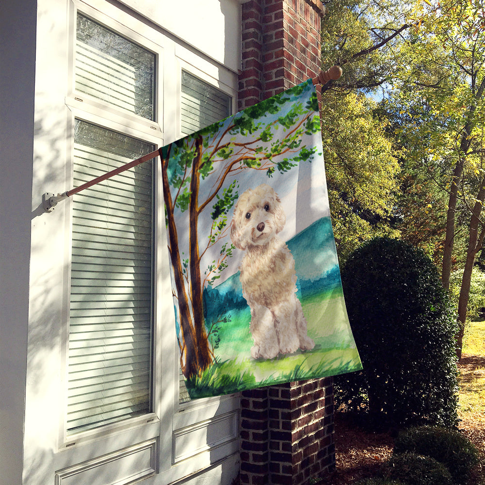 Under the Tree Goldendoodle House Flag 28x40 Porch Sleeve Pole Decorative Outside Yard Banner Artwork Wall Hanging, Polyester