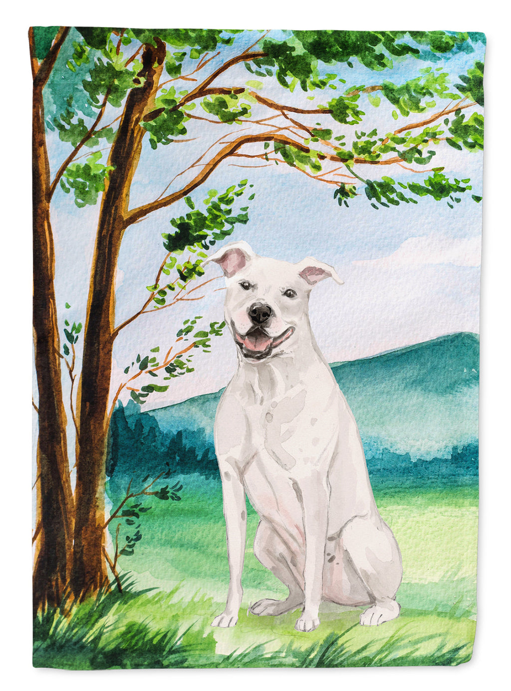 Under the Tree White Staffie Bull Terrier House Flag 28x40 Porch Sleeve Pole Decorative Outside Yard Banner Artwork Wall Hanging, Polyester