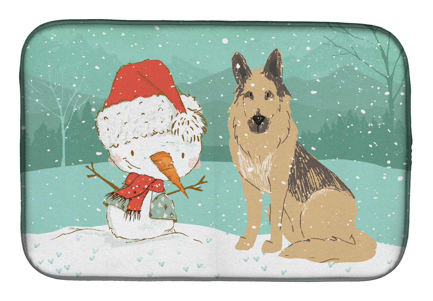 German Shepherd and Snowman Christmas Dish Drying Mat Absorbent Dish Drying Mat Pad for Kitchen Counter Dish Drainer Mat for Countertop, 14 x 21", Multicolor