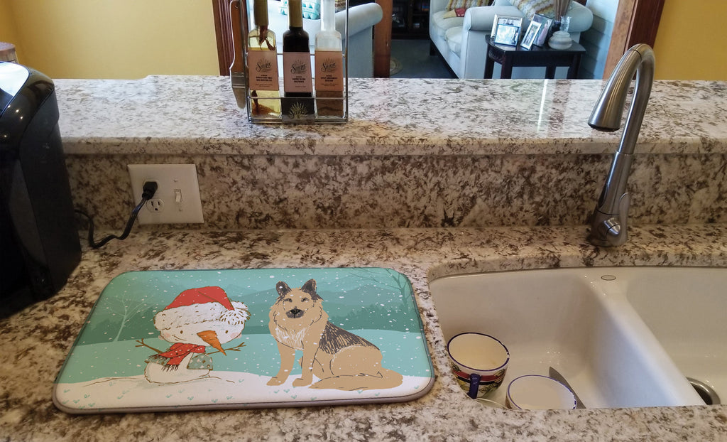 German Shepherd and Snowman Christmas Dish Drying Mat Absorbent Dish Drying Mat Pad for Kitchen Counter Dish Drainer Mat for Countertop, 14 x 21", Multicolor