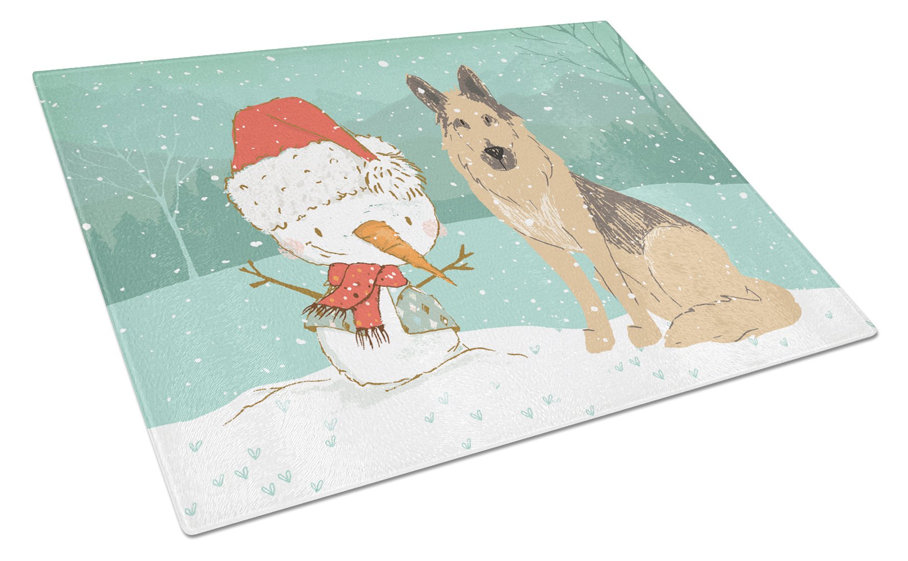 German Shepherd and Snowman Christmas Cutting Board Tempered Glass Kitchen Cutting Surface, Heat Resistant Chopping, Non-Slip Feet, Food Prep & Serving