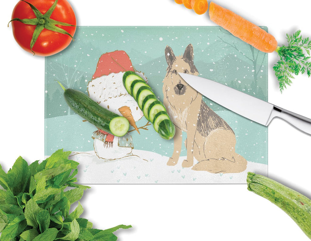 German Shepherd and Snowman Christmas Cutting Board Tempered Glass Kitchen Cutting Surface, Heat Resistant Chopping, Non-Slip Feet, Food Prep & Serving