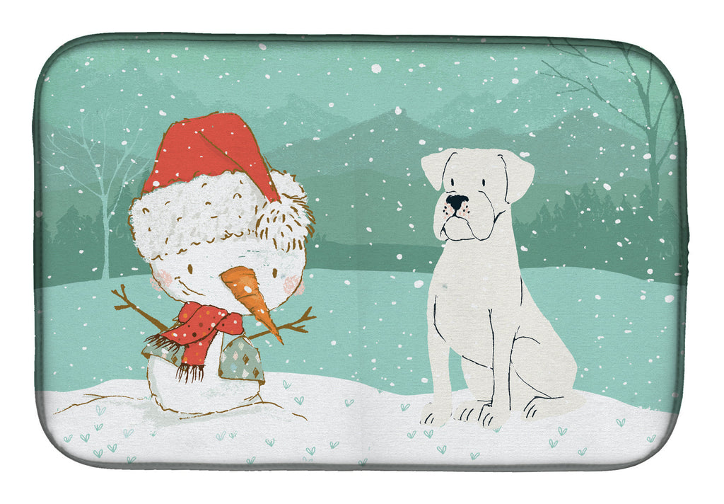 White Boxer and Snowman Christmas Dish Drying Mat Absorbent Dish Drying Mat Pad for Kitchen Counter Dish Drainer Mat for Countertop, 14 x 21", Multicolor