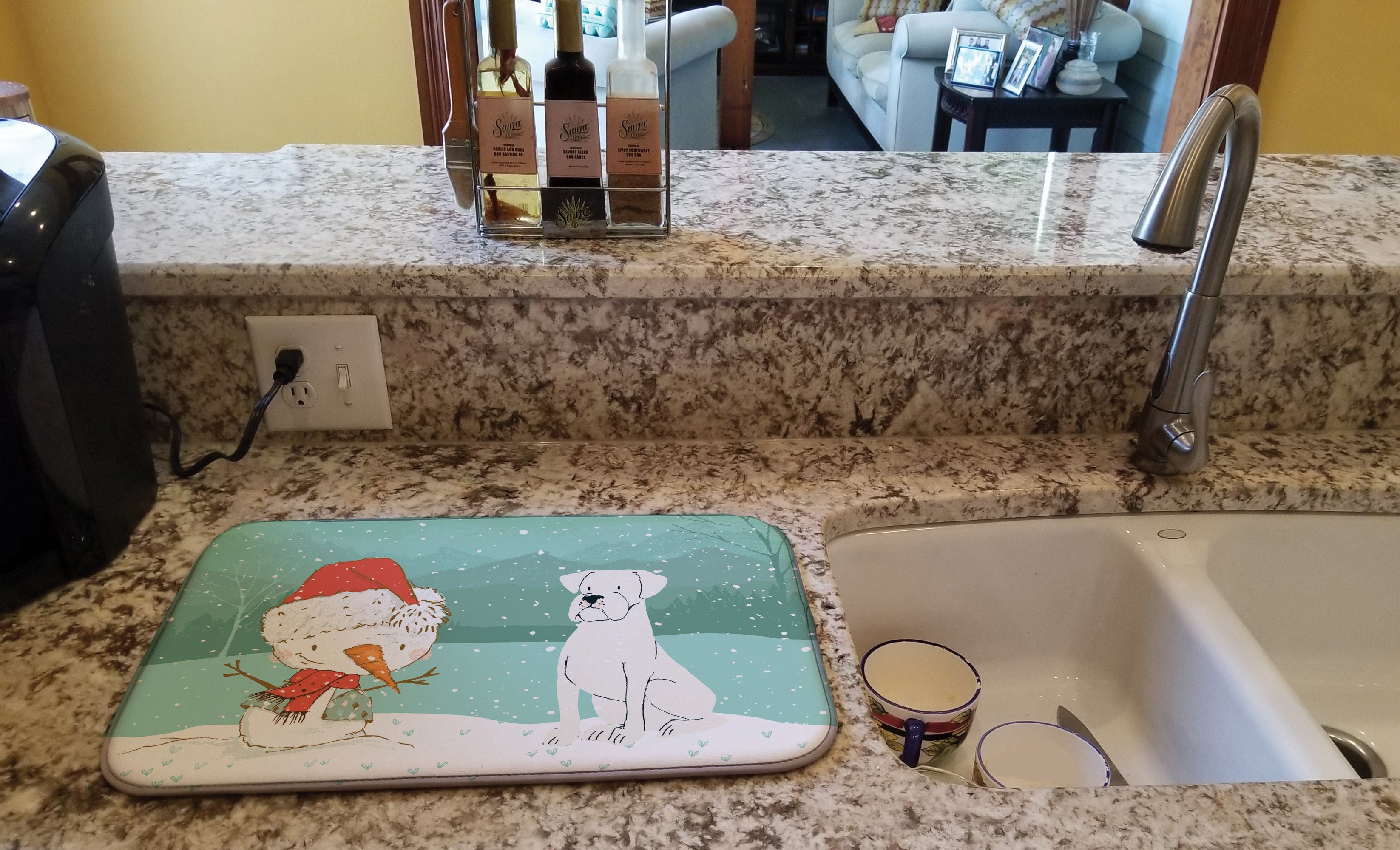 White Boxer and Snowman Christmas Dish Drying Mat Absorbent Dish Drying Mat Pad for Kitchen Counter Dish Drainer Mat for Countertop, 14 x 21", Multicolor
