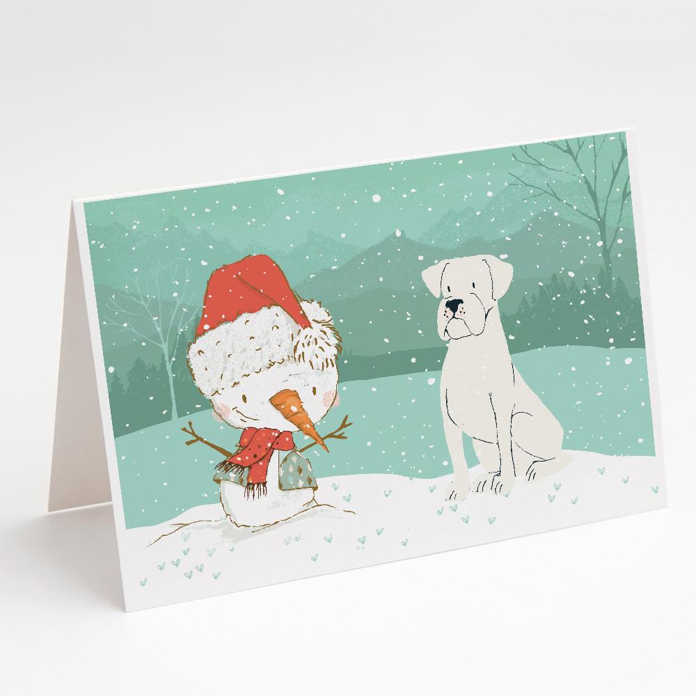 White Boxer and Snowman Christmas Greeting Cards Pack of 8 Blank Cards with Envelopes Whimsical A7 Size 5x7