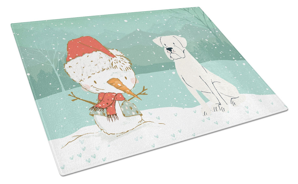 White Boxer and Snowman Christmas Cutting Board Tempered Glass Kitchen Cutting Surface, Heat Resistant Chopping, Non-Slip Feet, Food Prep & Serving