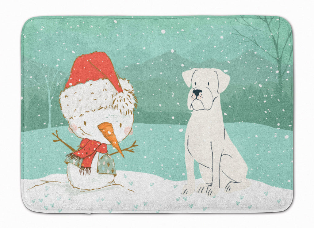 White Boxer and Snowman Christmas Memory Foam Kitchen Mat Machine Washable Anti-Fatigue Cushion Comfort Bath or Kitchen Rug