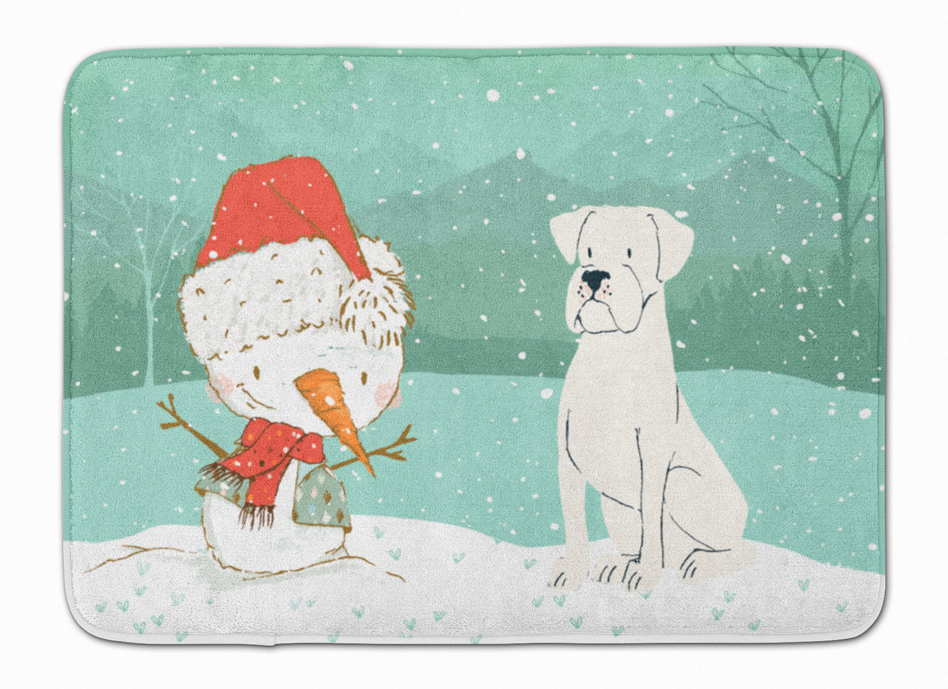 White Boxer and Snowman Christmas Memory Foam Kitchen Mat Machine Washable Anti-Fatigue Cushion Comfort Bath or Kitchen Rug