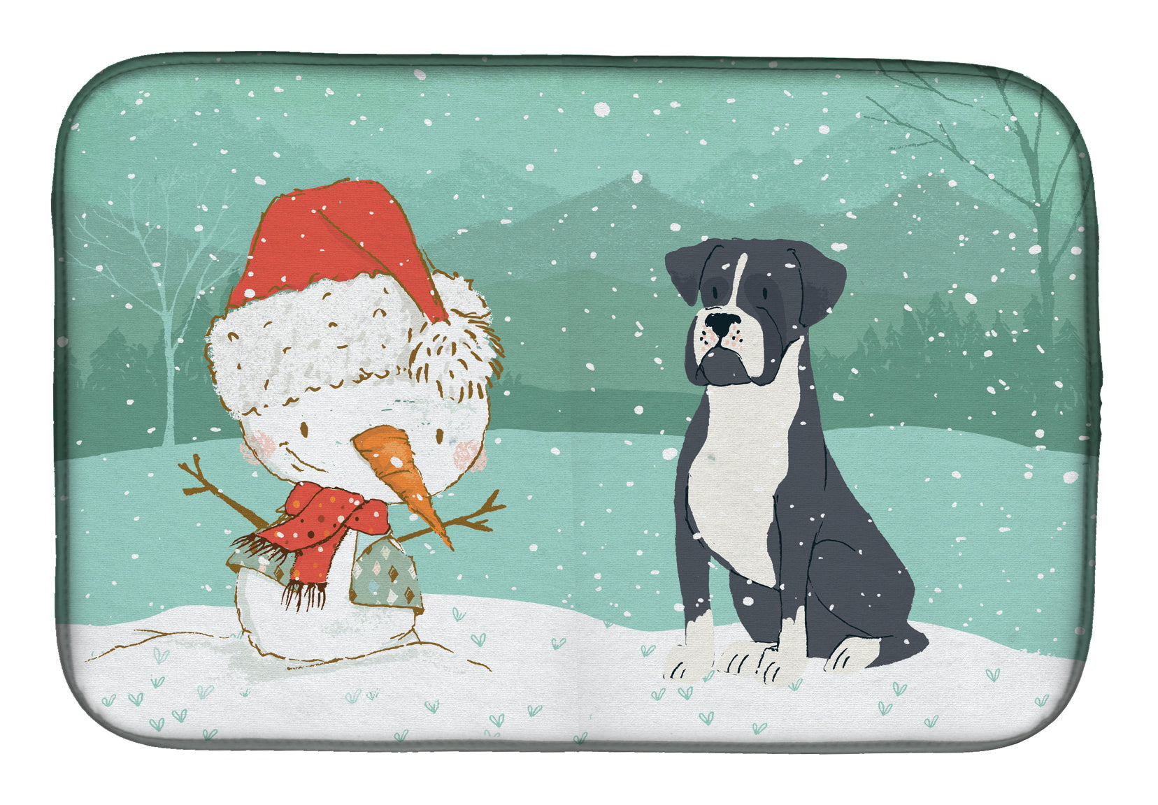 Black Boxer and Snowman Christmas Dish Drying Mat Absorbent Dish Drying Mat Pad for Kitchen Counter Dish Drainer Mat for Countertop, 14 x 21", Multicolor