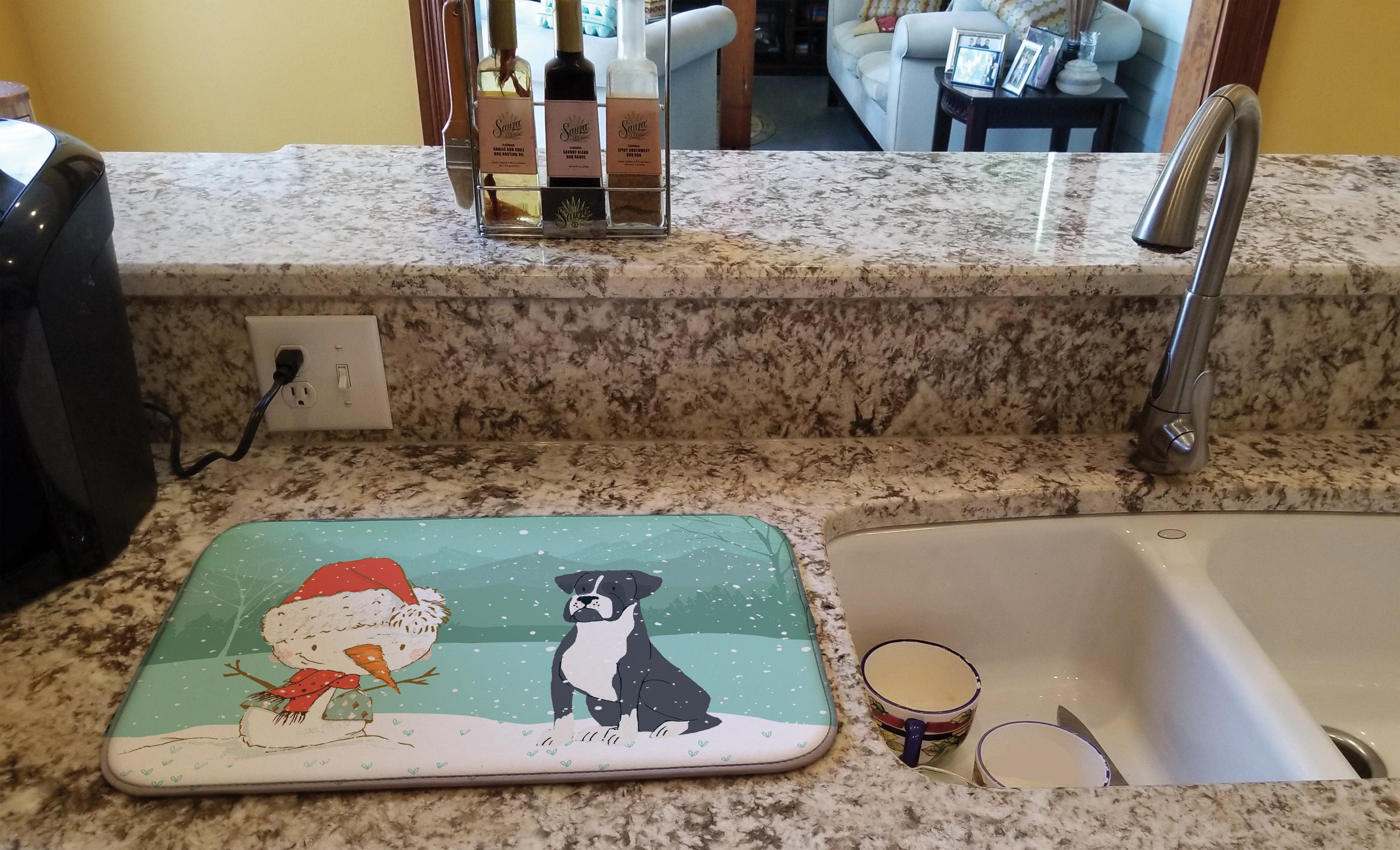 Black Boxer and Snowman Christmas Dish Drying Mat Absorbent Dish Drying Mat Pad for Kitchen Counter Dish Drainer Mat for Countertop, 14 x 21", Multicolor