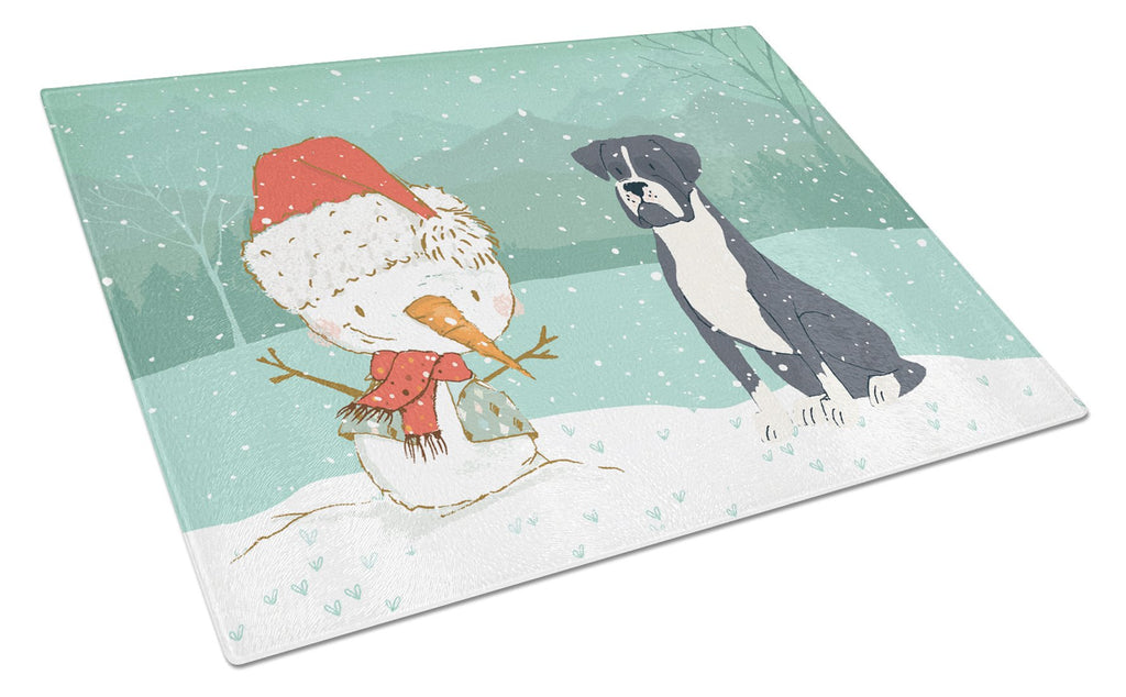 Black Boxer and Snowman Christmas Cutting Board Tempered Glass Kitchen Cutting Surface, Heat Resistant Chopping, Non-Slip Feet, Food Prep & Serving