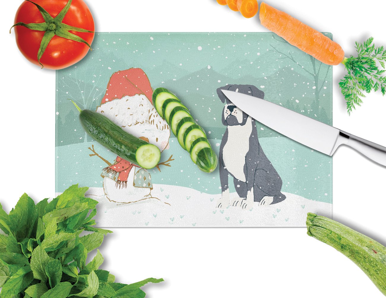 Black Boxer and Snowman Christmas Cutting Board Tempered Glass Kitchen Cutting Surface, Heat Resistant Chopping, Non-Slip Feet, Food Prep & Serving