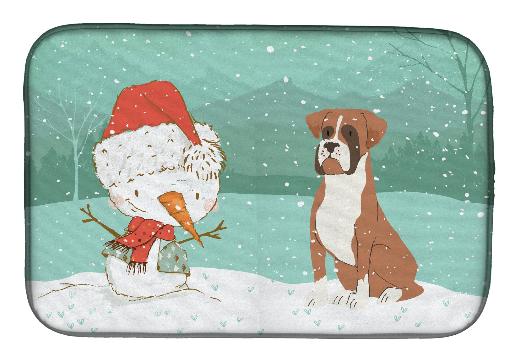 Fawn Boxer and Snowman Christmas Dish Drying Mat Absorbent Dish Drying Mat Pad for Kitchen Counter Dish Drainer Mat for Countertop, 14 x 21", Multicolor
