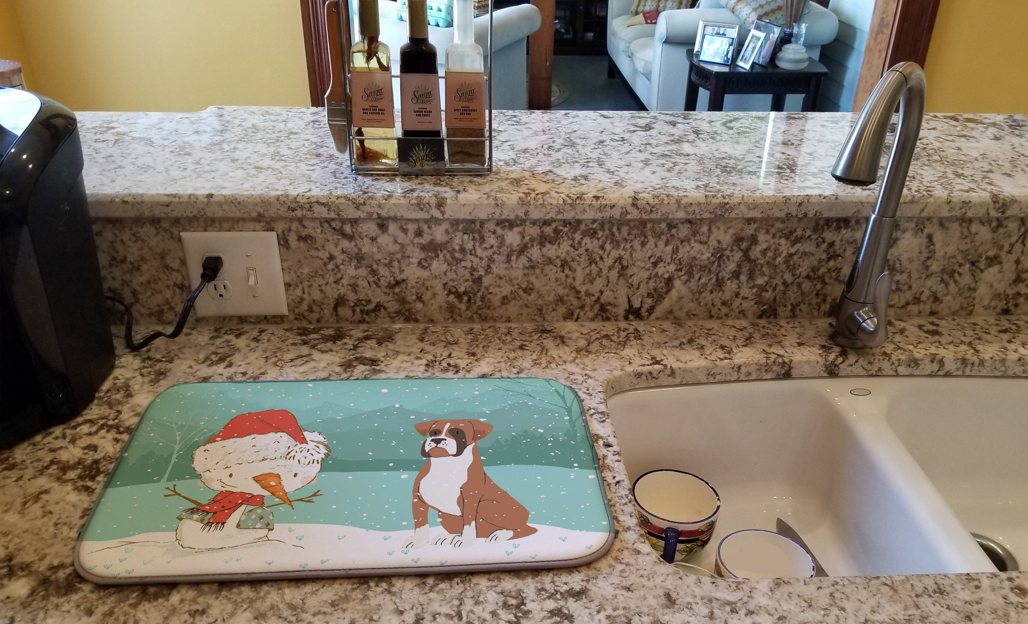 Fawn Boxer and Snowman Christmas Dish Drying Mat Absorbent Dish Drying Mat Pad for Kitchen Counter Dish Drainer Mat for Countertop, 14 x 21", Multicolor