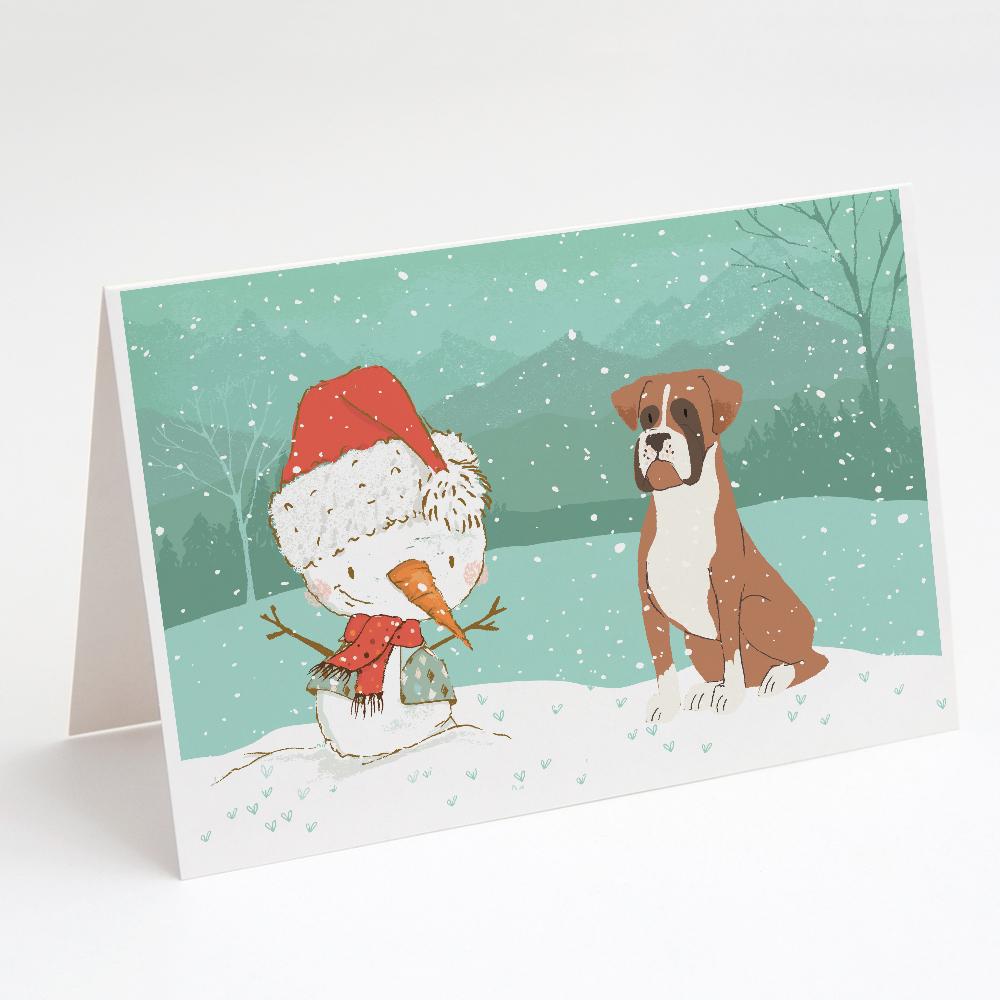 Fawn Boxer and Snowman Christmas Greeting Cards Pack of 8 Blank Cards with Envelopes Whimsical A7 Size 5x7
