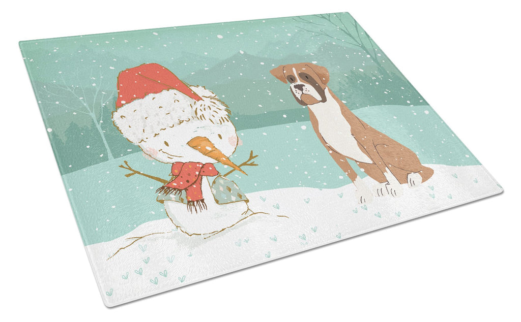 Fawn Boxer and Snowman Christmas Cutting Board Tempered Glass Kitchen Cutting Surface, Heat Resistant Chopping, Non-Slip Feet, Food Prep & Serving