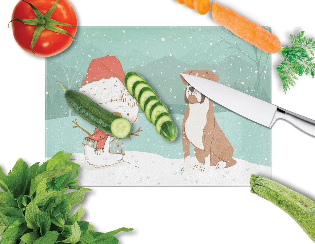 Fawn Boxer and Snowman Christmas Cutting Board Tempered Glass Kitchen Cutting Surface, Heat Resistant Chopping, Non-Slip Feet, Food Prep & Serving
