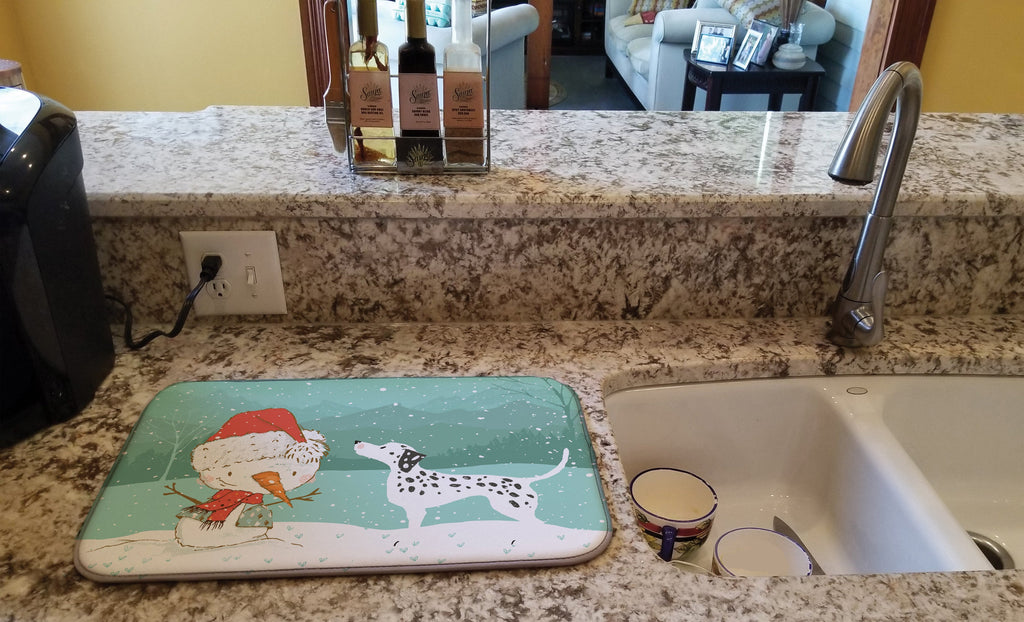 Dalmatian and Snowman Christmas Dish Drying Mat Absorbent Dish Drying Mat Pad for Kitchen Counter Dish Drainer Mat for Countertop, 14 x 21", Multicolor