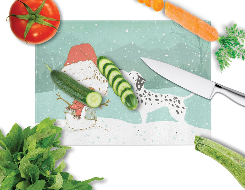 Dalmatian and Snowman Christmas Cutting Board Tempered Glass Kitchen Cutting Surface, Heat Resistant Chopping, Non-Slip Feet, Food Prep & Serving