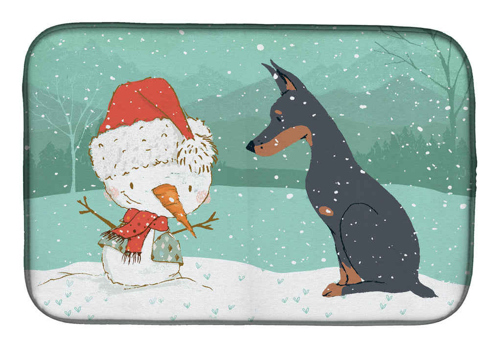 Doberman and Snowman Christmas Dish Drying Mat Absorbent Dish Drying Mat Pad for Kitchen Counter Dish Drainer Mat for Countertop, 14 x 21", Multicolor