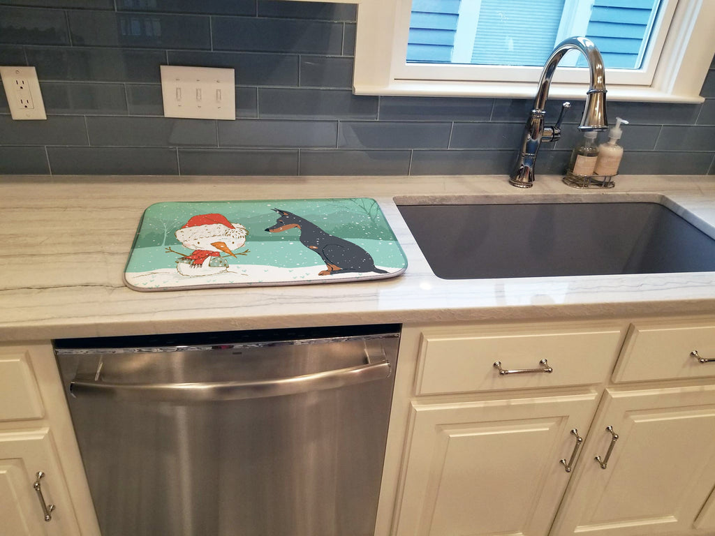 Doberman and Snowman Christmas Dish Drying Mat Absorbent Dish Drying Mat Pad for Kitchen Counter Dish Drainer Mat for Countertop, 14 x 21", Multicolor