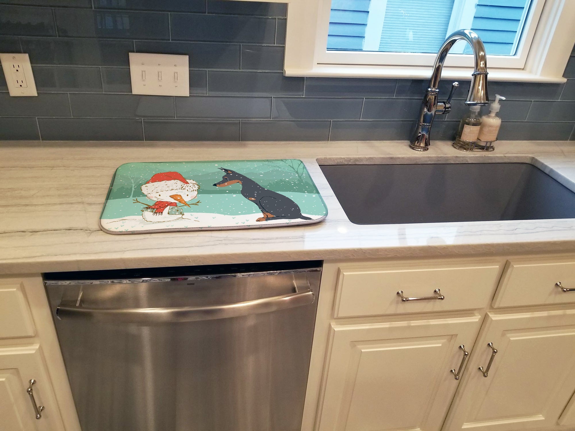 Doberman and Snowman Christmas Dish Drying Mat Absorbent Dish Drying Mat Pad for Kitchen Counter Dish Drainer Mat for Countertop, 14 x 21", Multicolor