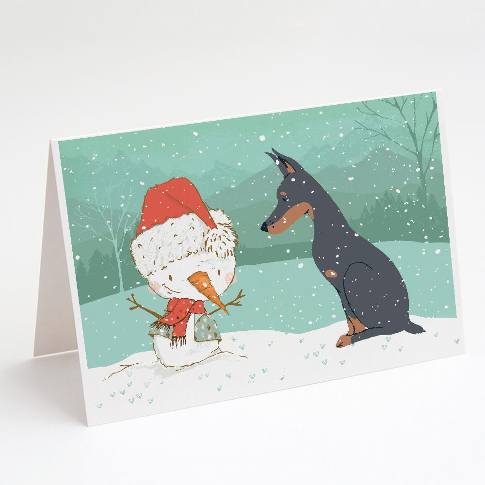 Doberman and Snowman Christmas Greeting Cards Pack of 8 Blank Cards with Envelopes Whimsical A7 Size 5x7
