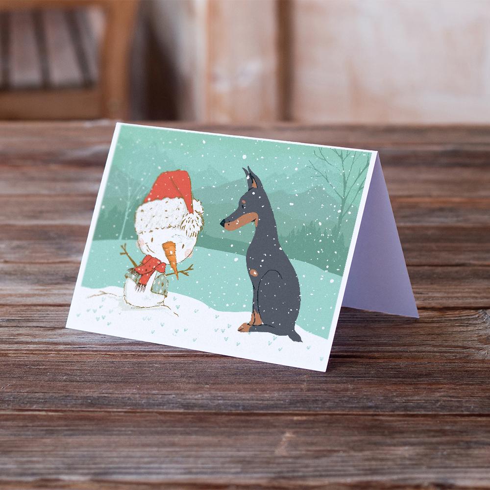 Doberman and Snowman Christmas Greeting Cards Pack of 8 Blank Cards with Envelopes Whimsical A7 Size 5x7