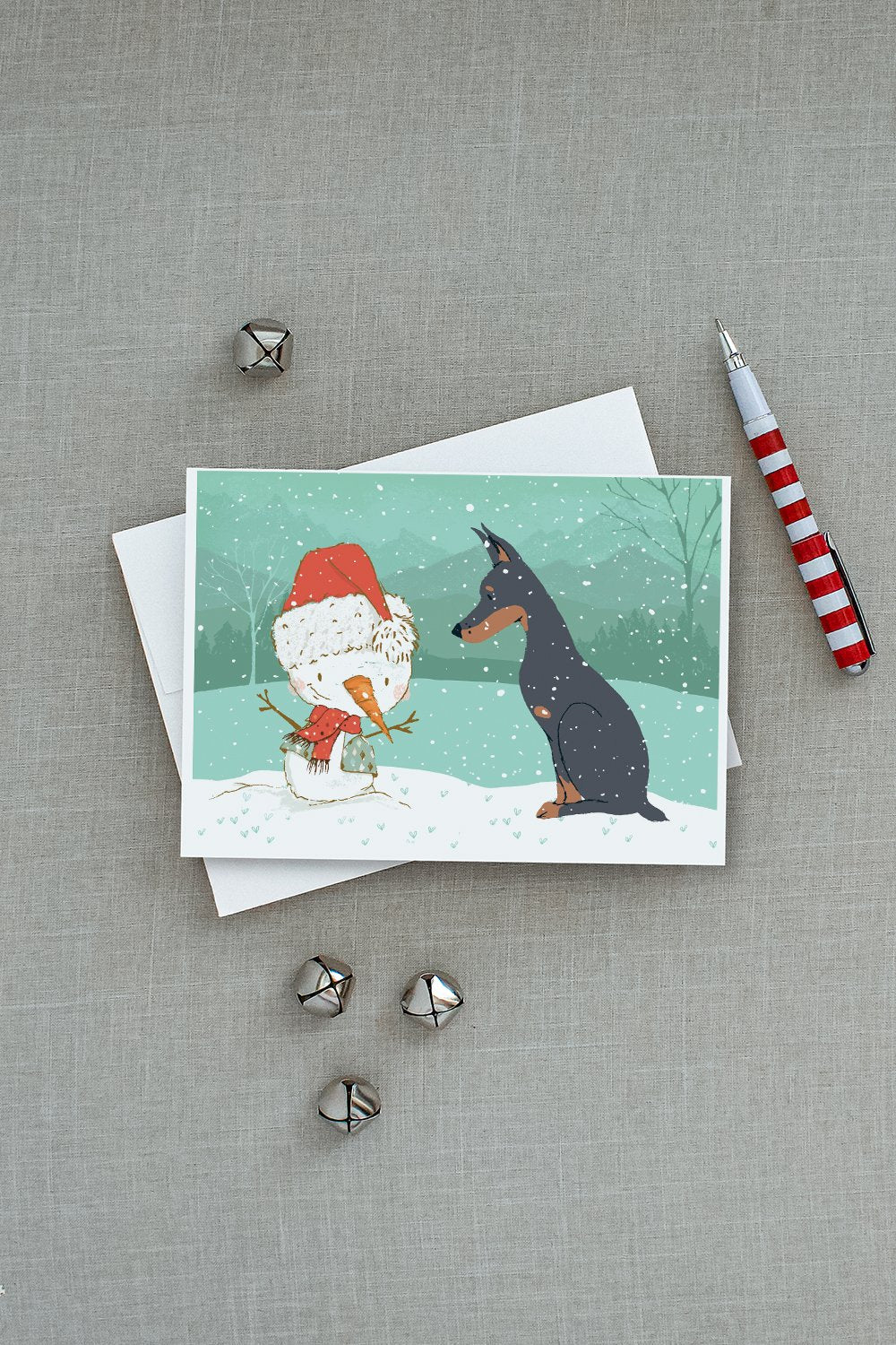 Doberman and Snowman Christmas Greeting Cards Pack of 8 Blank Cards with Envelopes Whimsical A7 Size 5x7