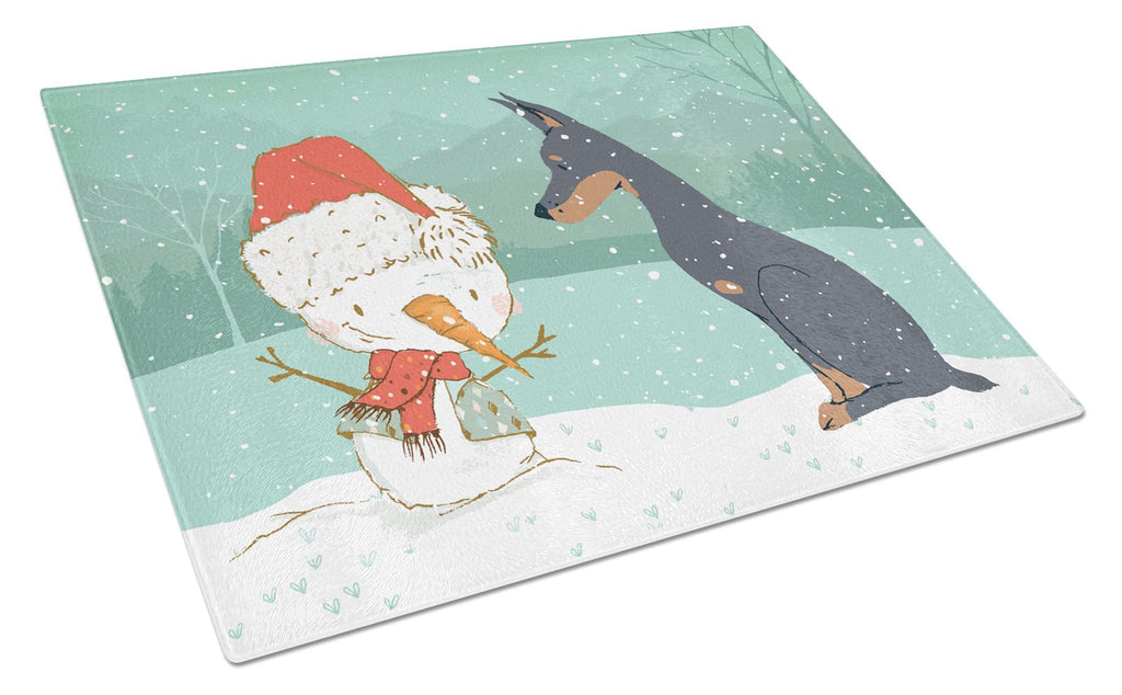 Doberman and Snowman Christmas Cutting Board Tempered Glass Kitchen Cutting Surface, Heat Resistant Chopping, Non-Slip Feet, Food Prep & Serving