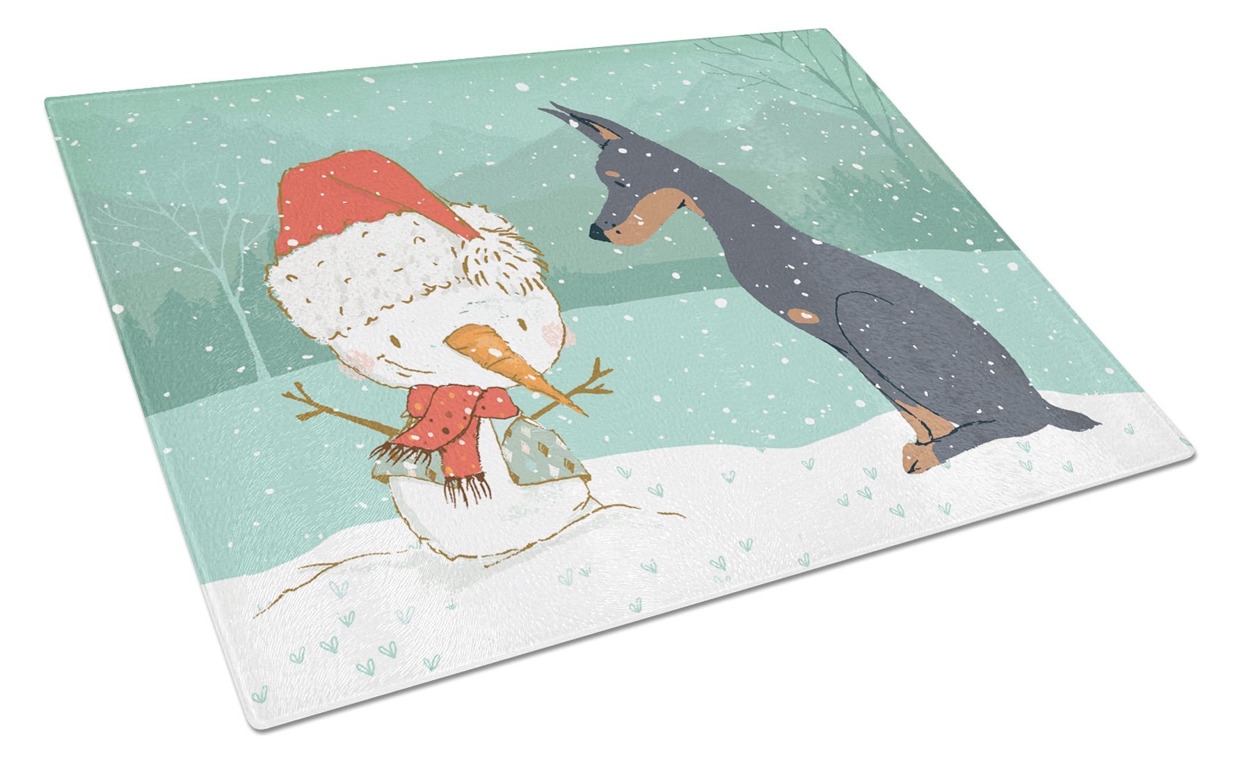 Doberman and Snowman Christmas Cutting Board Tempered Glass Kitchen Cutting Surface, Heat Resistant Chopping, Non-Slip Feet, Food Prep & Serving