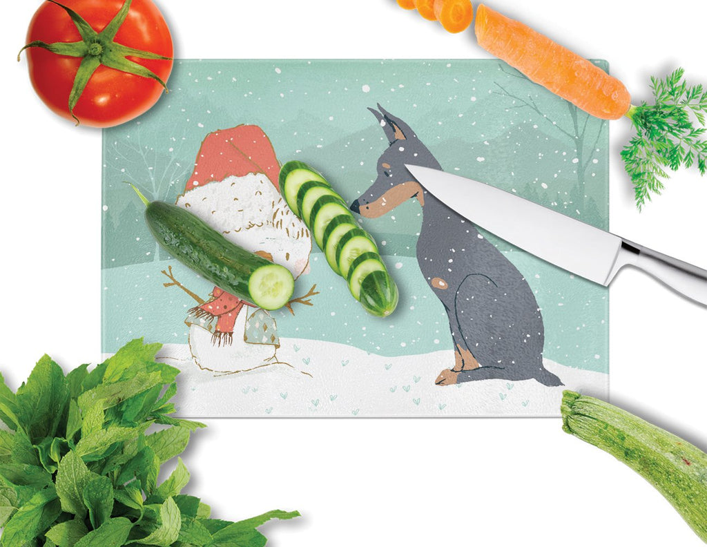 Doberman and Snowman Christmas Cutting Board Tempered Glass Kitchen Cutting Surface, Heat Resistant Chopping, Non-Slip Feet, Food Prep & Serving