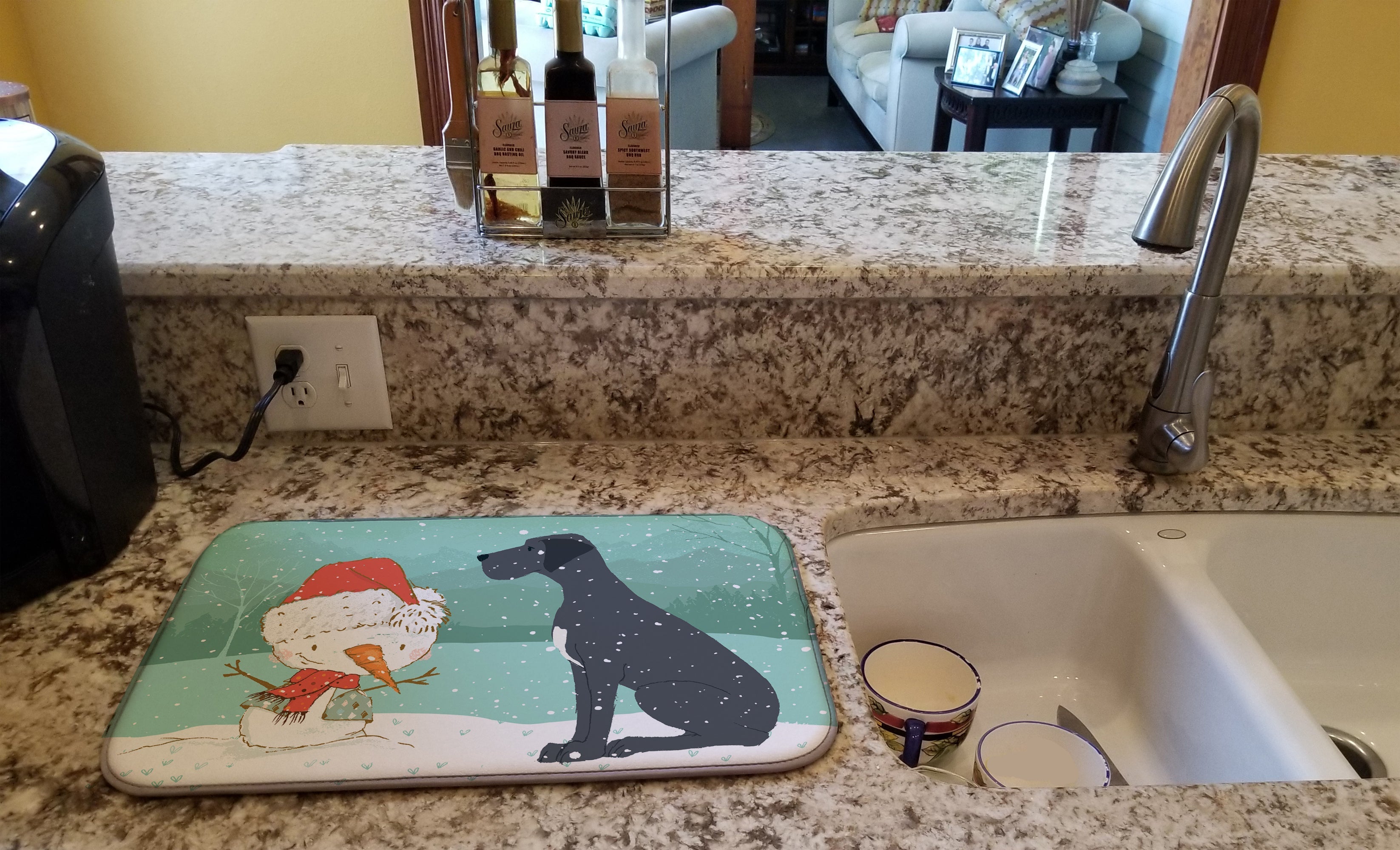 Black Great Dane and Snowman Christmas Dish Drying Mat Absorbent Dish Drying Mat Pad for Kitchen Counter Dish Drainer Mat for Countertop, 14 x 21", Multicolor