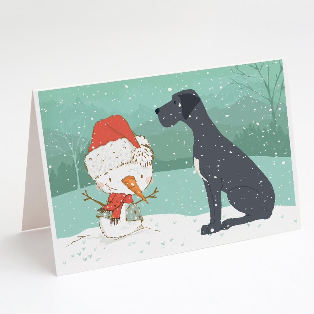 Black Great Dane and Snowman Christmas Greeting Cards Pack of 8 Blank Cards with Envelopes Whimsical A7 Size 5x7