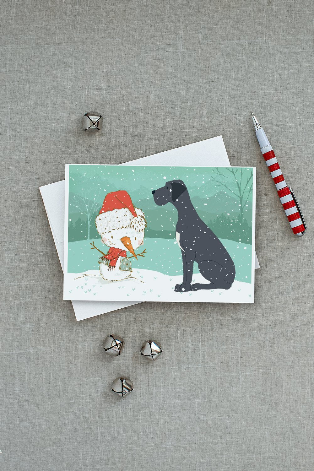 Black Great Dane and Snowman Christmas Greeting Cards Pack of 8 Blank Cards with Envelopes Whimsical A7 Size 5x7