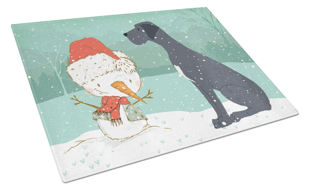 Black Great Dane and Snowman Christmas Cutting Board Tempered Glass Kitchen Cutting Surface, Heat Resistant Chopping, Non-Slip Feet, Food Prep & Serving