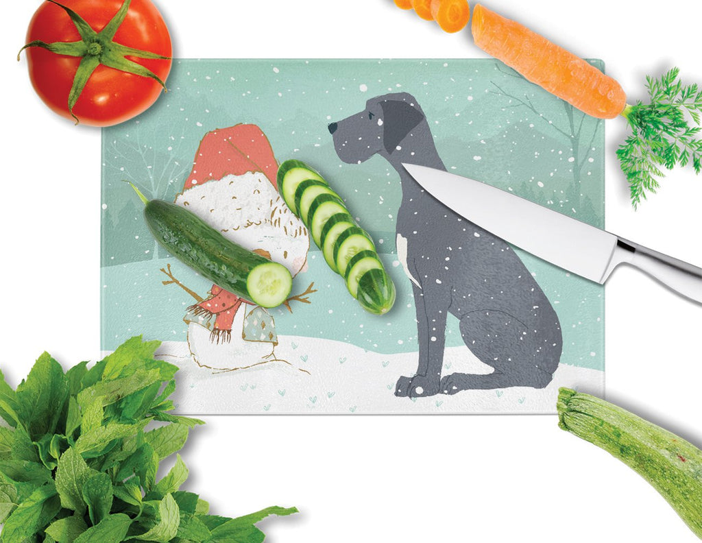 Black Great Dane and Snowman Christmas Cutting Board Tempered Glass Kitchen Cutting Surface, Heat Resistant Chopping, Non-Slip Feet, Food Prep & Serving