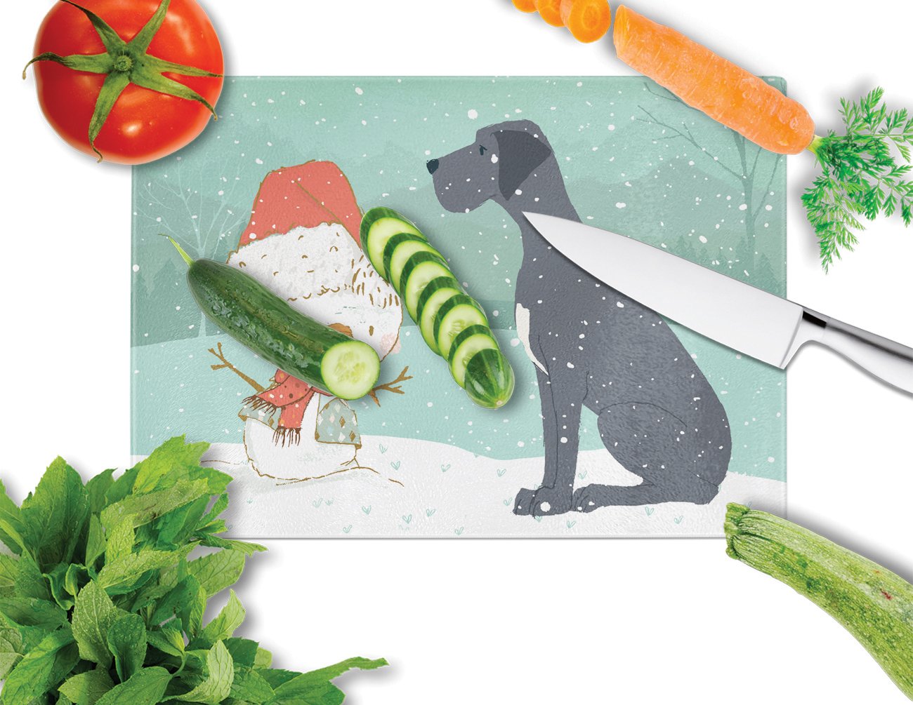 Black Great Dane and Snowman Christmas Cutting Board Tempered Glass Kitchen Cutting Surface, Heat Resistant Chopping, Non-Slip Feet, Food Prep & Serving