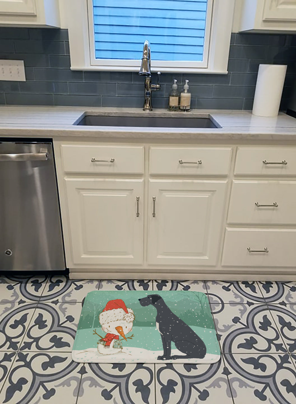 Black Great Dane and Snowman Christmas Memory Foam Kitchen Mat Machine Washable Anti-Fatigue Cushion Comfort Bath or Kitchen Rug