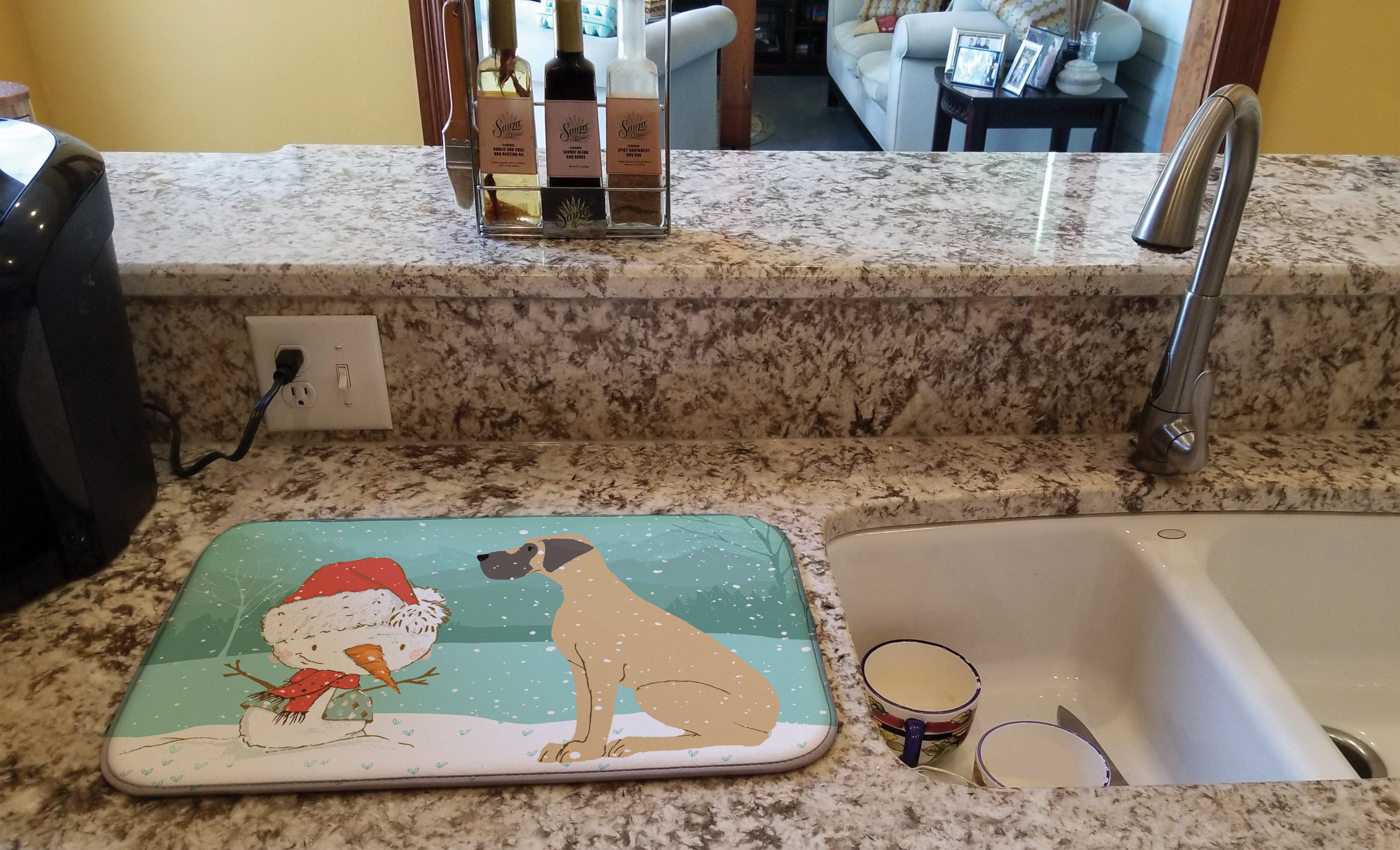 Fawn Natural Great Dane Snowman Christmas Dish Drying Mat Absorbent Dish Drying Mat Pad for Kitchen Counter Dish Drainer Mat for Countertop, 14 x 21", Multicolor